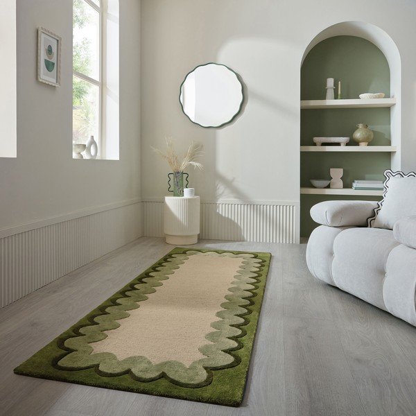Zelený/v přírodní barvě ručně tkaný vlněný běhoun 80x230 cm Wiggle Wool – Flair Rugs-image-1