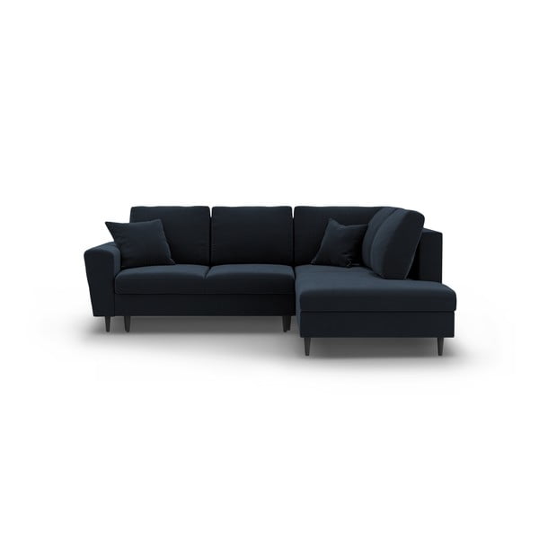 Tmavě modrá sametová rozkládací/s úložným prostorem rohová pohovka (pravý roh/do L) Kyoto – Cosmopolitan Design