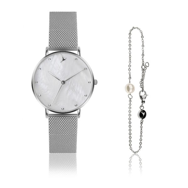 Set dámských hodinek a náramku z nerezové oceli ve stříbrné barvě Emily Westwood Dots