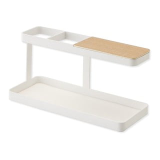 Bílý multifunkční stojánek s detailem z bukového dřeva YAMAZAKI Tower Desk Bar