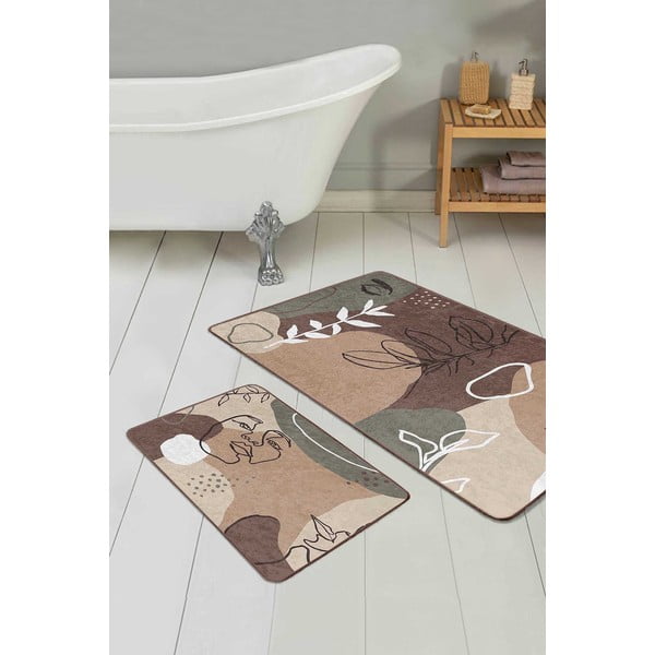 Hnědé sametové koupelnové předložky v sadě 2 ks 60x100 cm Abstract Faces – Mila Home-image-1
