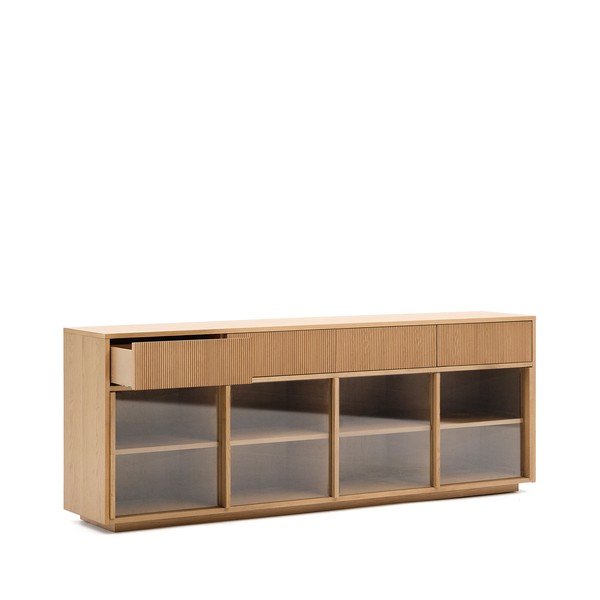 Vitrína v dekoru dubu s posuvnými dveřmi v přírodní barvě 200x80x40 cm Helvine – Kave Home-image-3