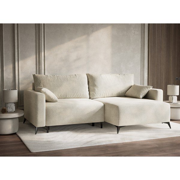 Krémová žinylková rozkládací/s úložným prostorem rohová pohovka (pravý roh/s lenoškou) Leon – Maison de Rêve-image-4