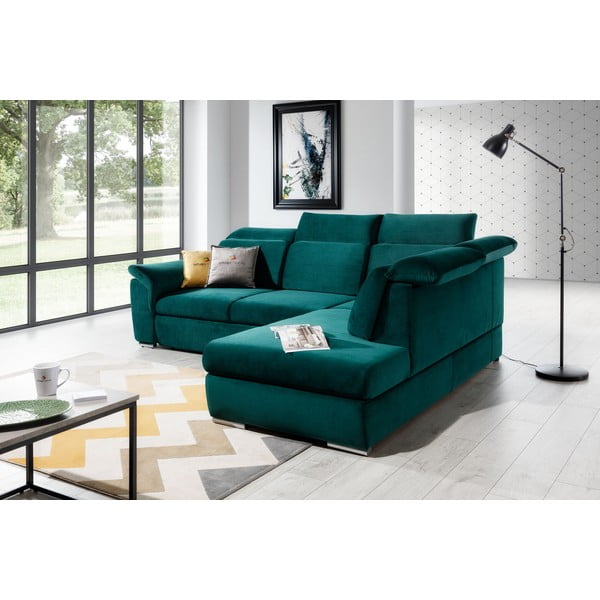 Zelená sametová rozkládací/s úložným prostorem rohová pohovka (pravý roh/do L) Loreto – ELTAP-image-4