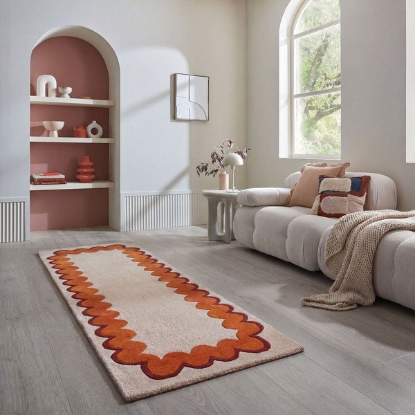 Oranžový/v přírodní barvě ručně tkaný vlněný běhoun 80x230 cm Wiggle Wool – Flair Rugs-image-1