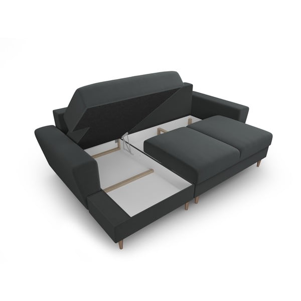 Tmavě šedá sametová rozkládací/s úložným prostorem rohová pohovka (levý roh/s lenoškou) Kyoto – Cosmopolitan Design-image-3