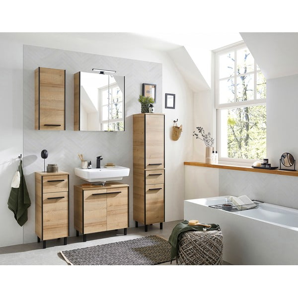 Závěsná skříňka pod umyvadlo v dekoru dubu v přírodní barvě 53x60 cm Quickset 395 – Pelipal-image-1