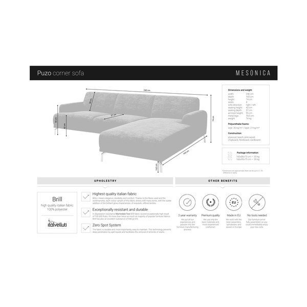 Modrá rohová pohovka s kovovými nohami MESONICA Puzo, levý roh-image-1