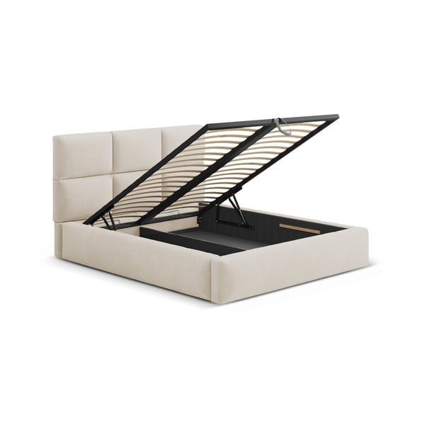 Béžová čalouněná dvoulůžková postel s úložným prostorem s roštem 160x200 cm Libera – Windsor & Co Sofas-image-2