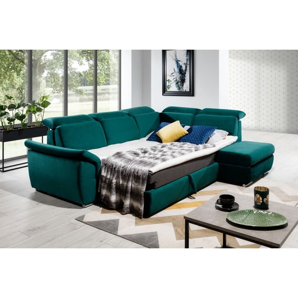 Zelená sametová rozkládací/s úložným prostorem rohová pohovka (pravý roh/do L) Loreto – ELTAP-image-3