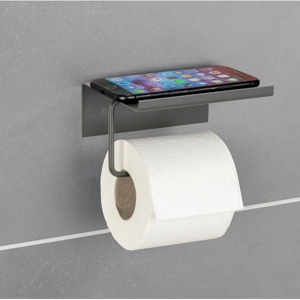 Antracitový samodržící kovový držák na toaletní papír s poličkou Desulo – Wenko-image-1