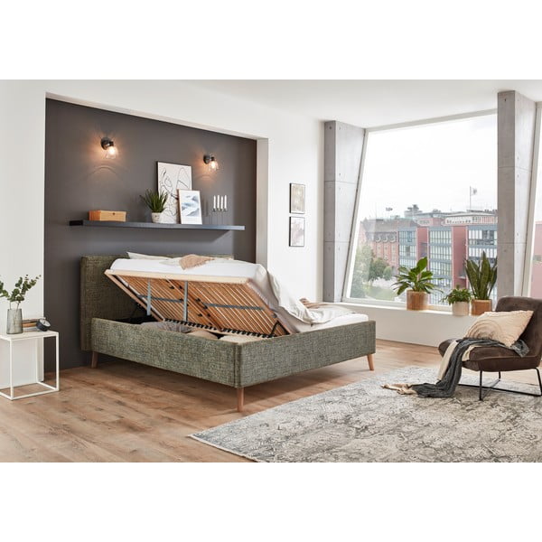 Tmavě zelená čalouněná dvoulůžková postel s úložným prostorem s roštem 160x200 cm Riva – Meise Möbel-image-3