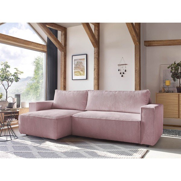 Světle růžová manšestrová rozkládací rohová variabilní pohovka Nihad – Bobochic Paris-image-1