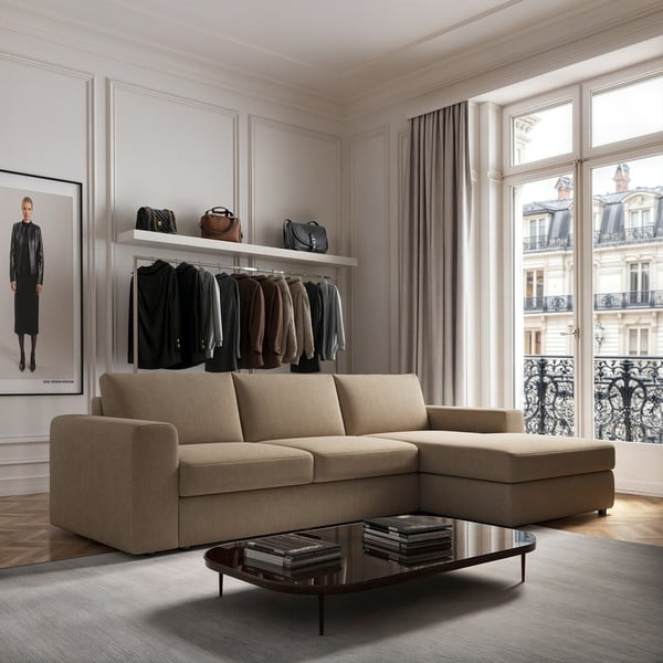 Světle hnědá sametová rohová pohovka (pravý roh/s lenoškou) Baga – Rodier-image-1