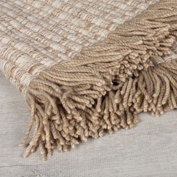 Béžový ručně tkaný koberec s příměsí vlny 120x170 cm Rene Fringed Ribbed – Flair Rugs-image-2