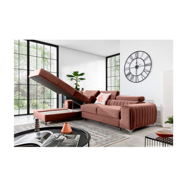 Růžová sametová rozkládací/s úložným prostorem rohová pohovka (levý roh/s lenoškou) Grayson – ELTAP-image-3