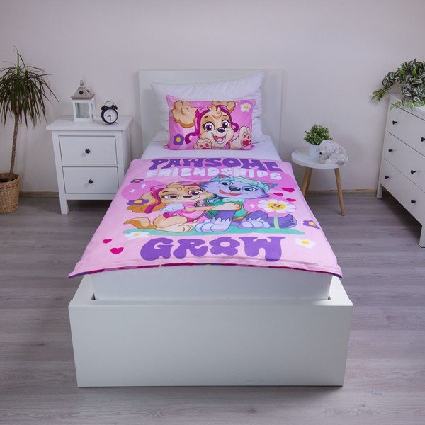 Růžové bavlněné dětské povlečení do postýlky 100x135 cm Paw Patrol "Pawsome friendships grow" – Jerry Fabrics-image-1