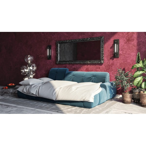 Tmavě modrá sametová rozkládací rohová pohovka Devichy Tous, levý roh-image-1