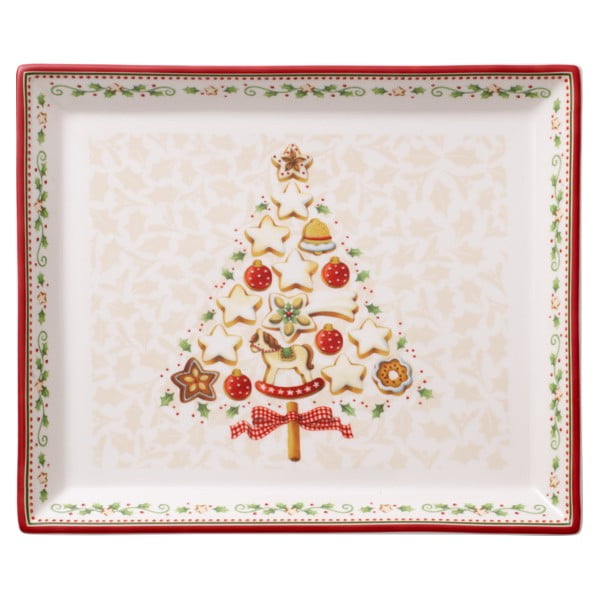 Červeno-béžový porcelánový servírovací talíř s vánočním motivem Villeroy & Boch, 27,4 x 22,7 cm