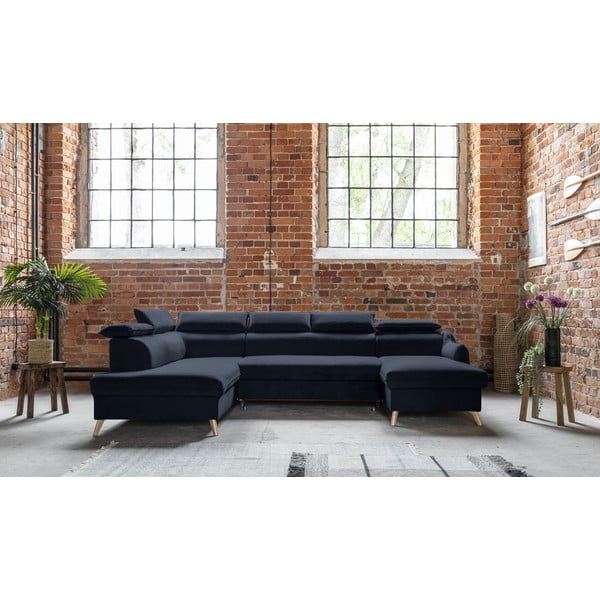 Tmavě modrá sametová rozkládací rohová pohovka do "U" (levý roh) Sweet Harmony – Miuform-image-1