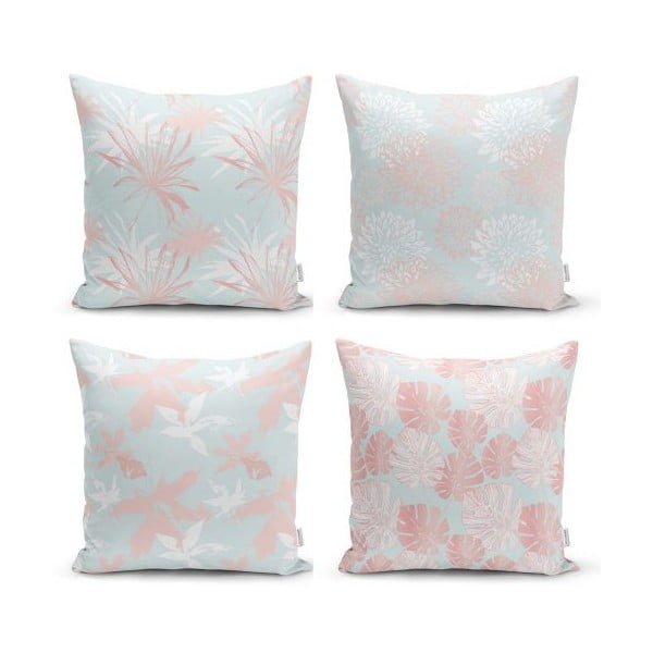 Sada 4 dekorativních povlaků na polštáře Minimalist Cushion Covers Blue Leaves, 45 x 45 cm