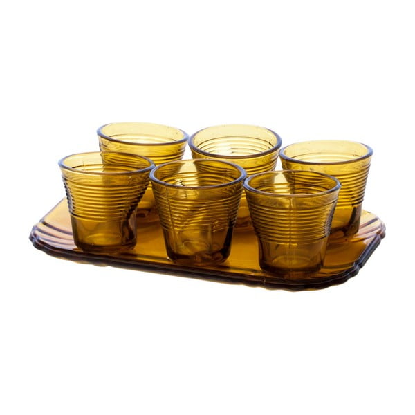 Set 6 jantarově žlutých sklenic s podnosem Kaleidos Espresso
