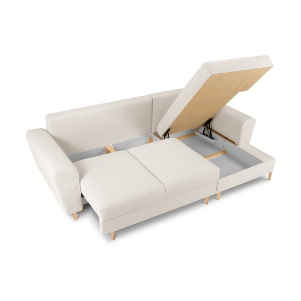 Béžová rozkládací/s úložným prostorem rohová pohovka z textilie bouclé (pravý roh/s lenoškou) Kyoto – Cosmopolitan Design-image-3