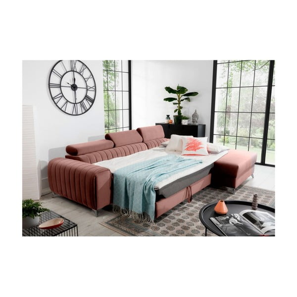 Růžová sametová rozkládací/s úložným prostorem rohová pohovka (pravý roh/s lenoškou) Grayson – ELTAP-image-4