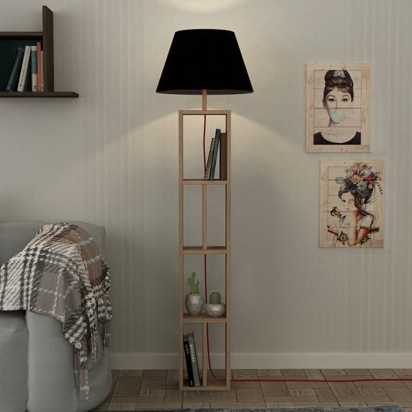 Dřevěná stojací lampa s černým textilním stínidlem Homitis Giorno-image-1