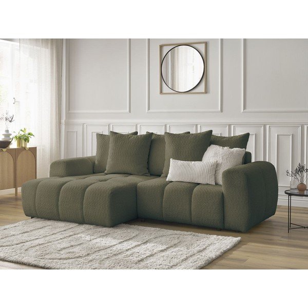 Khaki rozkládací/s úložným prostorem rohová pohovka z textilie bouclé (levý roh/s lenoškou) Roxelane – Bobochic Paris-image-4
