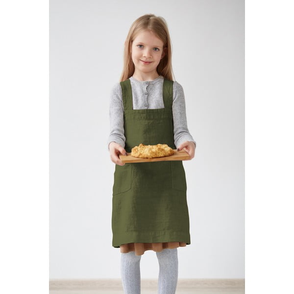 Dětská tmavě zelená lněná zástěra Linen Tales Pinafore, 60 x 34 cm