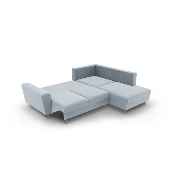 Světle modrá sametová rozkládací/s úložným prostorem rohová pohovka (pravý roh/do L) Kyoto – Cosmopolitan Design-image-4