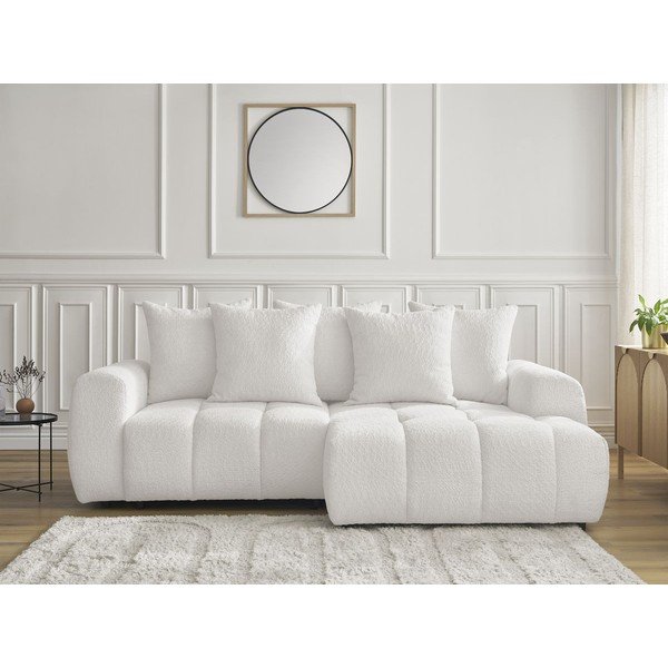 Bílá rozkládací/s úložným prostorem rohová pohovka z textilie bouclé (pravý roh/s lenoškou) Roxelane – Bobochic Paris-image-1