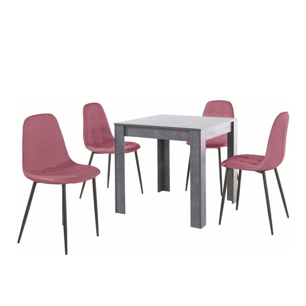 Set šedého jídelního stolu a 4 růžových jídelních židlí Støraa Lori Lamar Duro