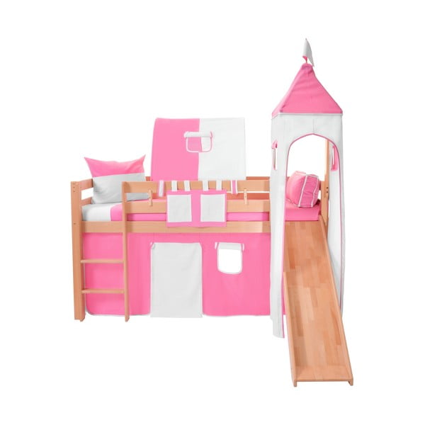 Dětská patrová postel se skluzavkou a růžovo-bílým hradním bavlněným setem Mobi furniture Tom, 200 x 90 cm