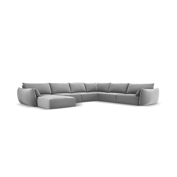 Světle šedá sametová rohová pohovka (pravý roh/do "U") Vanda – Mazzini Sofas-image-2