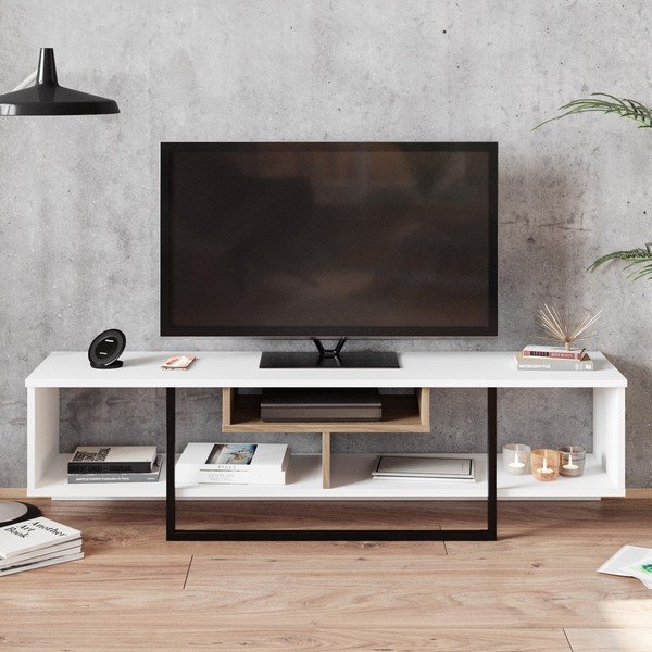 Bílý TV stolek v dekoru dubu 149x40 cm Asal – Kalune Design-image-3