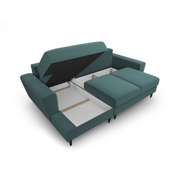 Sametová rozkládací/s úložným prostorem rohová pohovka v petrolejové barvě (levý roh/s lenoškou) Kyoto – Cosmopolitan Design-image-3