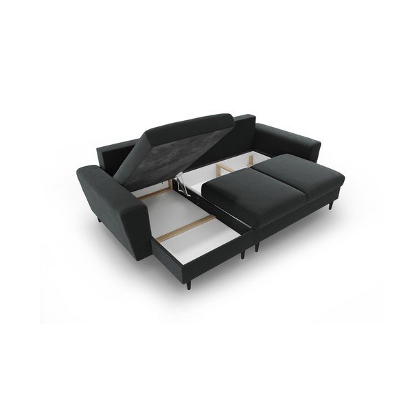 Tmavě šedá sametová rozkládací/s úložným prostorem rohová pohovka Kyoto – Cosmopolitan Design-image-3