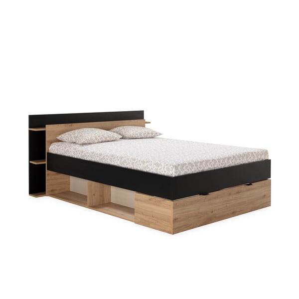 Dvoulůžková postel v dekoru dubu s úložným prostorem bez roštu v černo-přírodní barvě 140x190 cm Albo – Marckeric