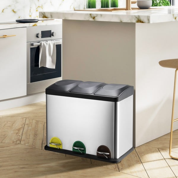 Ocelový odpadkový koš 3x20 l na tříděný odpad/nášlapný v matně stříbrné barvě   Tri Selectif – MSV-image-1