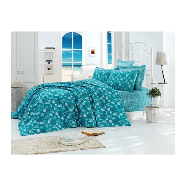 Tyrkysový bavlněný přehoz přes postel na dvoulůžko Single Pique Rasso, 200 x 235 cm