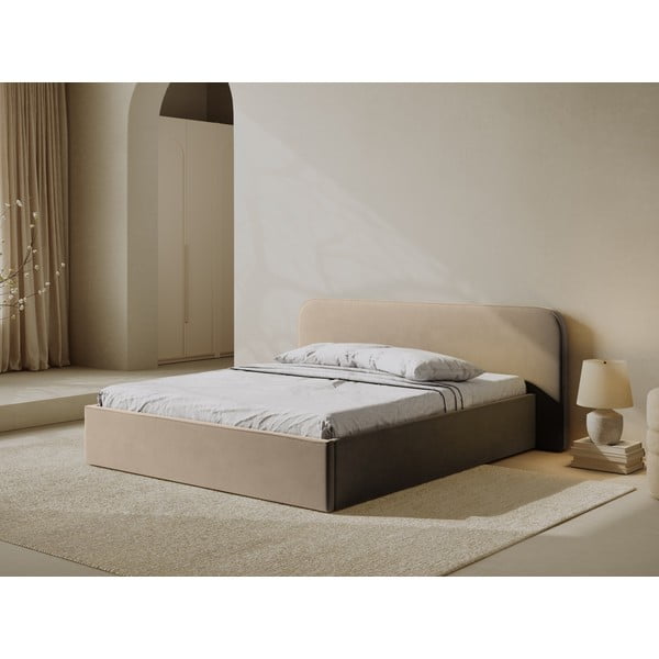 Taupe čalouněná dvoulůžková postel s úložným prostorem s roštem 160x200 cm Elizabeth – Micadoni -image-1
