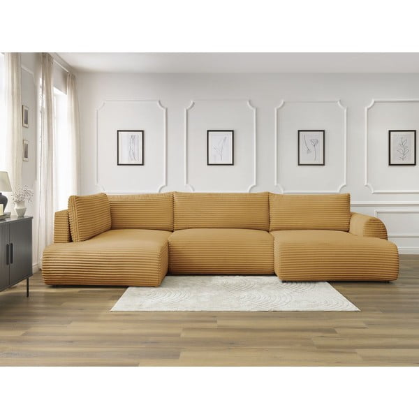 Manšestrová rozkládací/s úložným prostorem rohová pohovka v hořčicové barvě (levý roh/do "U") Lucien – Bobochic Paris-image-1