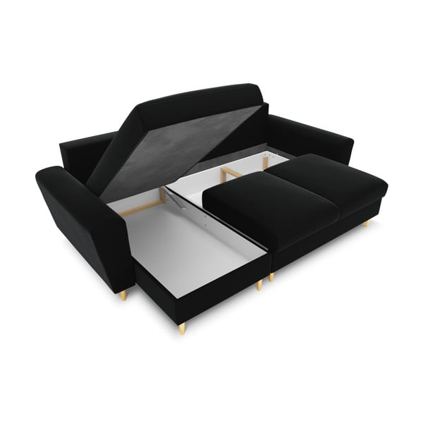 Černá sametová rozkládací/s úložným prostorem rohová pohovka Kyoto – Cosmopolitan Design-image-2