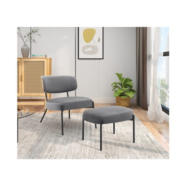 Šedé sametové křeslo s podnožkou Jerry – Støraa-image-2