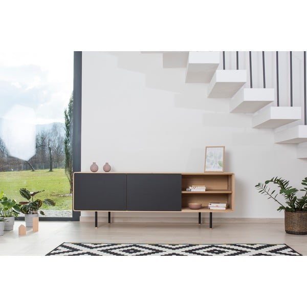 TV stolek z dubového dřeva v černo-přírodní barvě 180x64 cm Fina – Gazzda-image-1