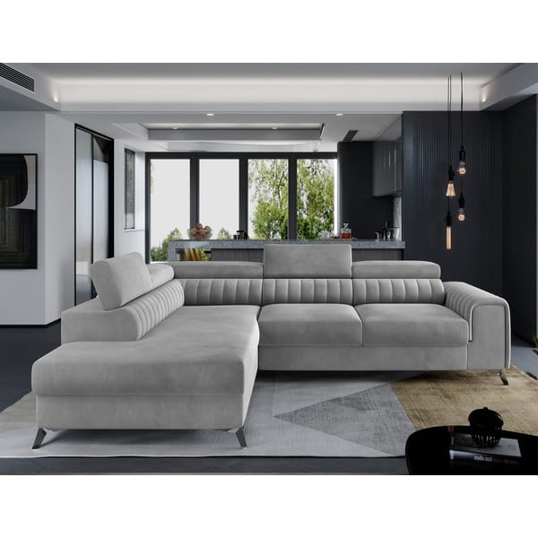 Šedá sametová rozkládací/s úložným prostorem rohová pohovka (levý roh/do L) Laurence – ELTAP-image-1