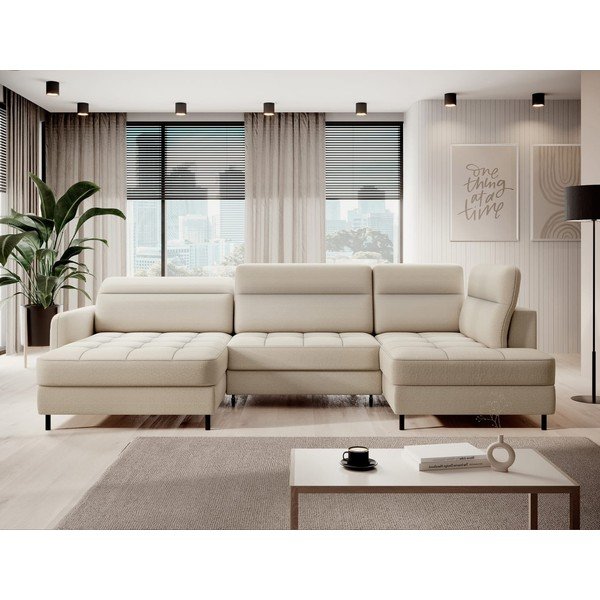 Béžová sametová rozkládací/s úložným prostorem rohová pohovka (pravý roh/do "U") Berrto – ELTAP-image-1