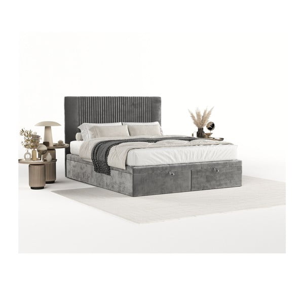 Šedá čalouněná dvoulůžková postel s úložným prostorem 200x200 cm Mavel – Maison de Rêve-image-1
